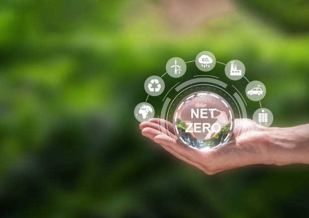 istock Net zero icon and carbon neutral concept in the hand for net zero greenhouse gas emissions target Climate neutral long term strategy on a green background. 1445221098