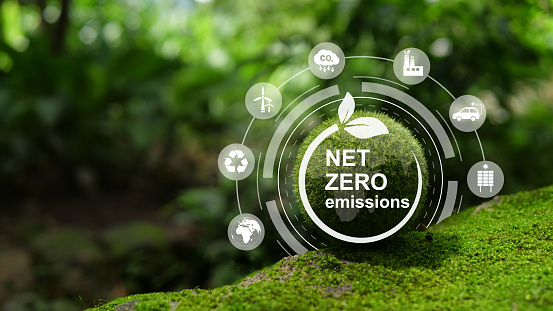 Net-Zero Emission - Carbon Neutrality concept. Close up earth on nature background. Nature onservation, Ecology, Social Responsibility and Sustainability. CO2