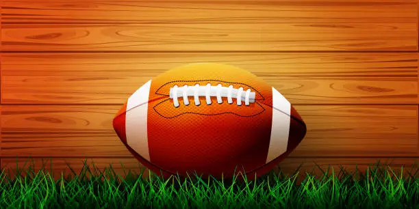 Vector illustration of Sport and victory concept in realistic style. Football field and soccer ball for playing American football on a wooden background.