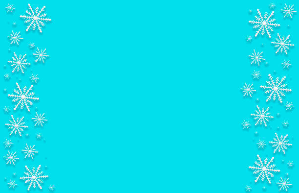 istock Winter blue aquamarine saturated bright background with random snowflakes two sideways. Christmas, New Year card with copy space. 1445223264