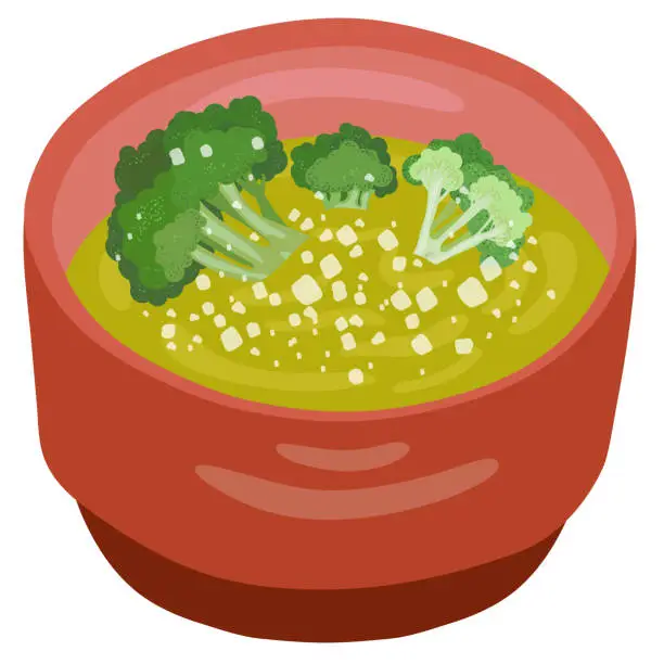 Vector illustration of Vegetable cream soup with broccoli and cheese. Hand drawn vector illustration. Suitable for website, stickers, postcards.