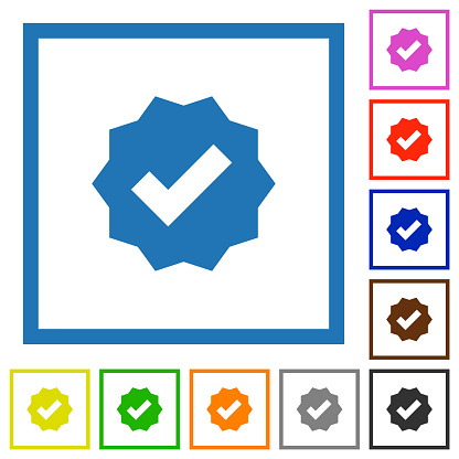 Verified sticker solid flat color icons in square frames on white background
