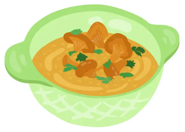 Vector illustration of Mushroom soup with chanterelles, cheese and parsley. Hand drawn vector illustration. Suitable for website, stickers, postcards.