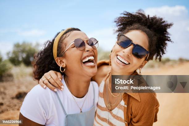 Girl Friends Hug And Travel Summer Vacation Outdoors On Safari Diverse Happy Gen Z Women Friendship Love Embrace And Support Or Comic Care Free Together On Holiday Fun Lifestyle Activity Stock Photo - Download Image Now