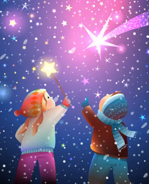 Vector illustration of Children Watching Stars in Magic Winter Night Sky