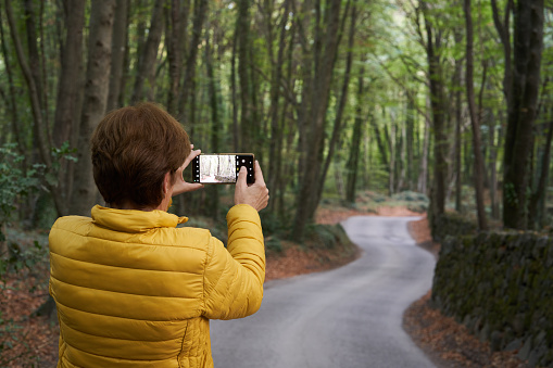 Rear view of woman in yellow jacket photographing a winding path in a beech forest in autumn. Taking photos with a mobile in the Garrotxa Nature Reserve in Catalonia, Spain.