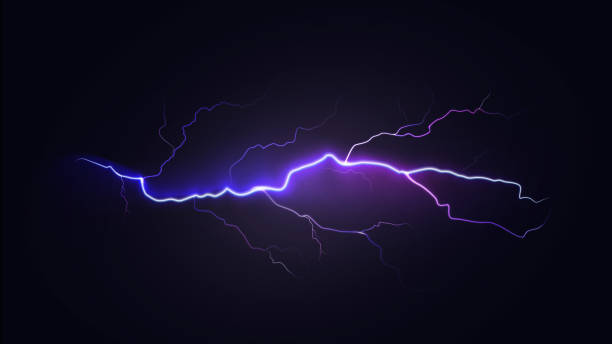 ilustrações de stock, clip art, desenhos animados e ícones de bright dynamic lightning on dark sky. realistic natural special effect - blue plasma flash