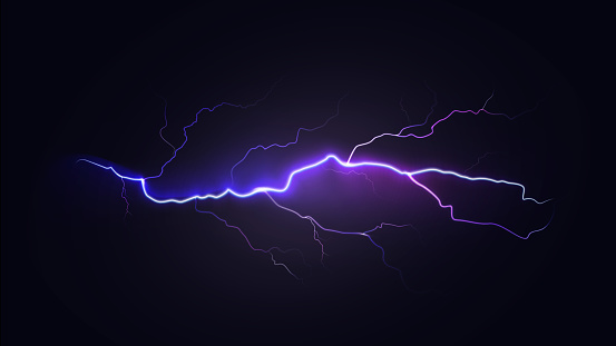 Bright Dynamic Lightning on Dark Sky. Realistic Natural Special Effect. Vector illustration