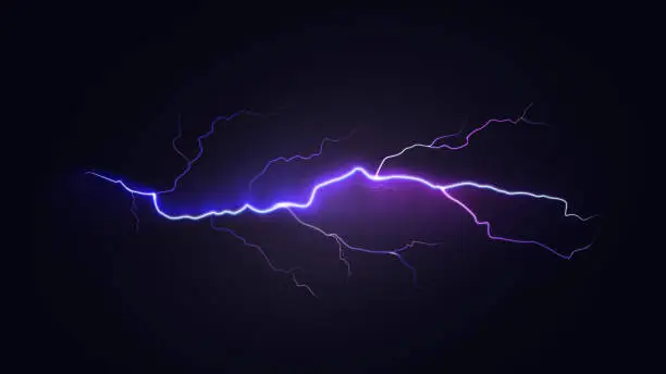 Vector illustration of Bright Dynamic Lightning on Dark Sky. Realistic Natural Special Effect