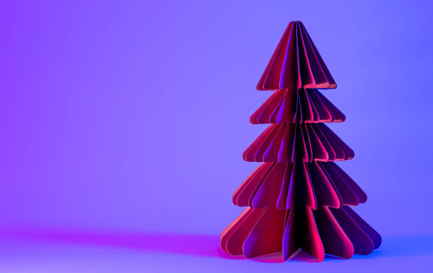 istock Decorative paper Christmas tree on blue background with trendy neon light. 1445237828