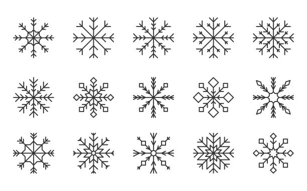 illustrations, cliparts, dessins animés et icônes de hexagone de cristal de flocon de neige ligne modifiable noir set - snowflake ice crystal christmas snow