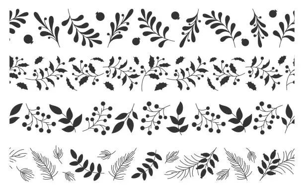 Vector illustration of Christmas floral seamless border stamp black set