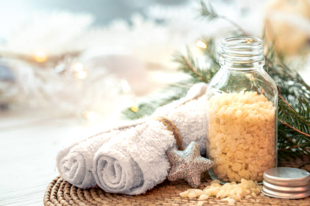 istock Winter spa composition with body care items and decor details. 1445239772