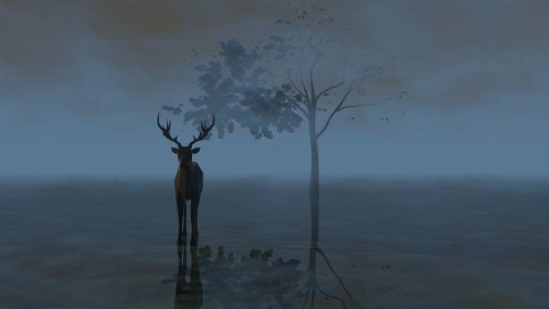 istock Deer silhouette near lonely tree, dark surreal landscape 1445241293