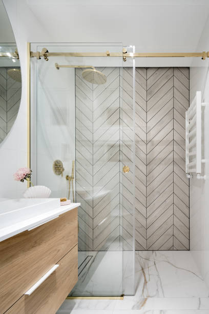 istock Aesthetic shower space behind glass wall 1445243676