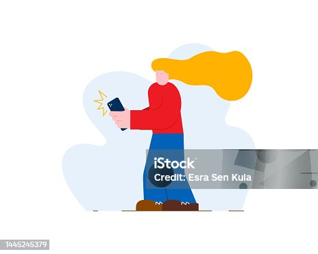 istock A girl taking a photo with her mobile phone. Vector Flat Illustration. 1445245379