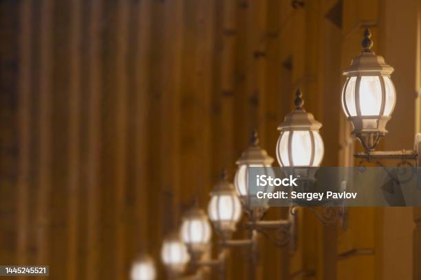 Lights On The Front Of The Building Stock Photo - Download Image Now - Abstract, Ancient, Antique