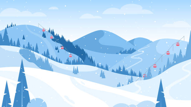 ilustraciones, imágenes clip art, dibujos animados e iconos de stock de paisaje de invierno en las montañas - skiing activity snow alpine skiing