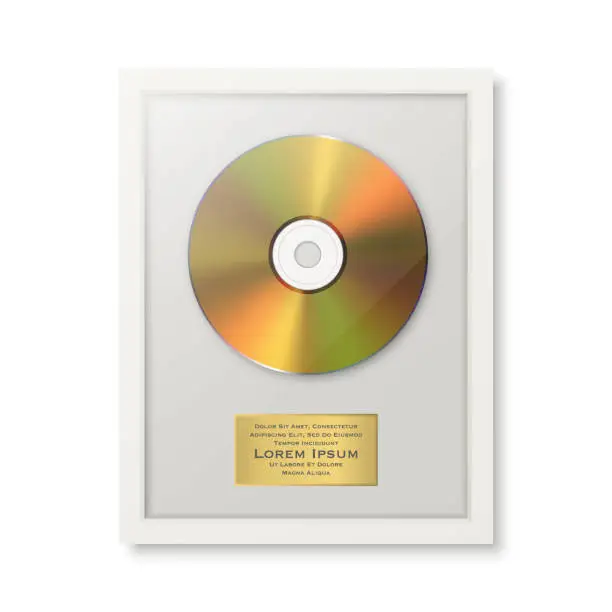 Vector illustration of Realistic Vector 3d Golden Yellow CD and Label with White Frame on White Background. Single Album Compact Disc Award, Limited Edition. Design Template
