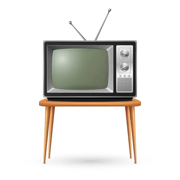 Vector illustration of Vector 3d Realistic Retro TV Receiver on a Wooden Table Stand Closeup Isolated on White. Vintage TV Set. Television, Front View