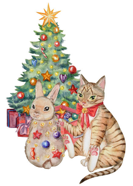 istock Cute New Year`s watercolor illustration with a cat, rabbit, and a Christmas tree. 1445250930