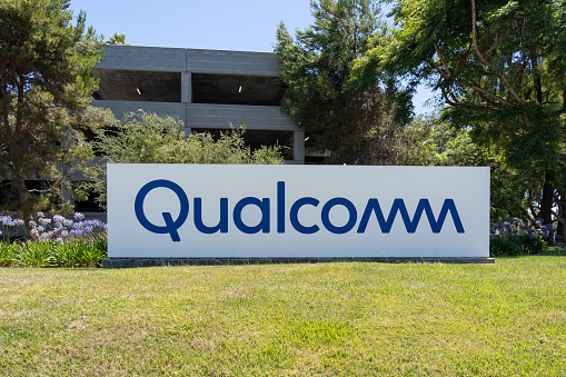 San Diego, California, USA - July 9, 2022: Qualcomm headquarters sign in San Diego, California, USA. Qualcomm is an American multinational corporation.