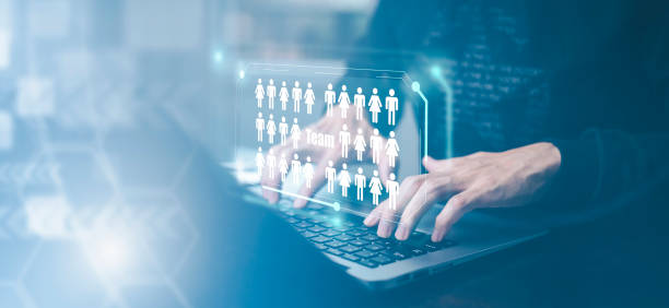 istock Businessman using laptop with Graph Human or people icon on the white background,Technology Process System Business with Recruitment, Hiring, Team Building. Organisation structure, Teamworks 1445252960