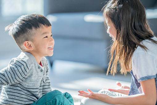 Two young siblings play together on the floor of their living room on a sunny afternoon.  They are both dressed casually and are smiling as they spend quality time together.