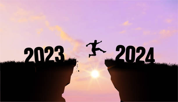 istock Welcome Merry Christmas and Happy New Year in 2024, Vector black silhouette man jumping from 2023 cliff to 2024 cliff with cloudy sky and sunlight. Сoncept of moving from year to year. 1445253320