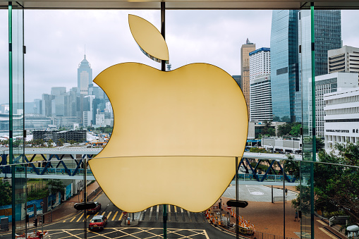 Hong Kong, China - October 20, 2018:  Apple Inc logo at Hong Kong Apple store. The first Apple store in IFC, Hong Kong opened on the September 24, 2011