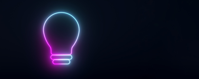 neon light bulb symbol, 3d render, panoramic layout