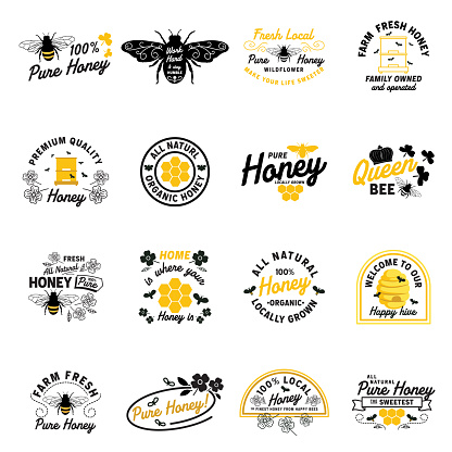 A set of yellow and black bee themed icons or stamps on a transparent background. Each badge is in its own group.