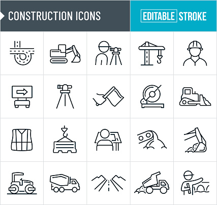 A set of construction icons that include editable strokes or outlines using the EPS vector file. The icons include a freeway, excavator, construction worker using a land surveyor, construction crane, construction worker wearing a hard hat, road construction sign, surveyor, hand holding a construction flag, saw, bulldozer pushing dirt, construction vest, road barrier, drafter at drafting table, conveyor belt with dirt, excavator arm scooping dirt, stream roller, cement truck, road, dump truck dumping dirt, and an architect holding blueprint pointing to a constructed bridge.