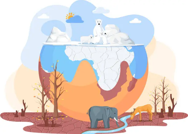 Vector illustration of Animals around planet Earth during global warming, temperature rising and change of climate