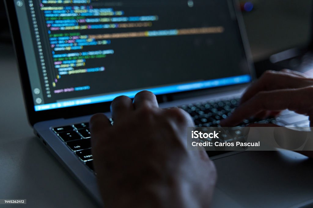 Developer Coding In Laptop Programming Software Concept Stock Photo ...