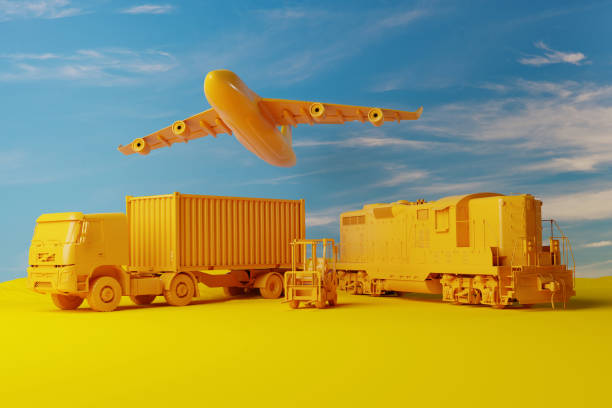 A forklift truck, a truck, plane and train on a solid background.