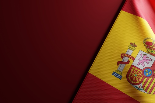 Spanish flag on a dark background. relations of Spain with other countries, internal relations of the country. 3D render, 3D illustration.