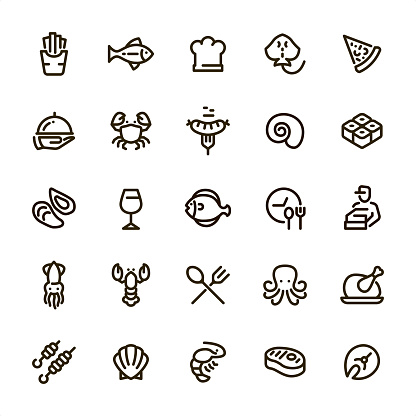 Seafood & Meals icons set #64
Specification: 25 icons, 36x36 pх, Perfect fit to 48x48 or 64x64 container, stroke weight 2 px.
Features: Pixel Perfect, Unicolor, Single line.

First row of  icons contains:
French Fries, Fish, Chef's Hat, Ray - Fish, Pizza;

Second row contains:
Serving Tray in Human hand, Crab, Grilled Sausage on Fork, Shell, Sushi;

Third row contains:
Mussel, Wineglass, Flounder, Lunch, Delivery;

Fourth row contains:
Squid, Lobster, Restaurant, Octopus - Seafood, Cooked roast chicken;

Fifth row contains:
Kebab, Clam - Seafood, Shrimp - Seafood, Steak, Fish Fillet.

Look at complete Lovico collection — https://www.istockphoto.com/collaboration/boards/lMC2_wNPxEicskAakpAbgA