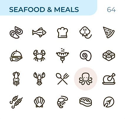 Seafood & Meals icons set # 64

Specification: 20 icons, 36x36 pх, perfect fit to 48x48 or 64x64 container, stroke weight 2 px.

Features: Pixel Perfect, One color, Single line.

First row of  icons contains:
Mussel, Fish, Chef's Hat, Ray - Fish, Pizza;

Second row contains:
Serving Tray in Human hand, Crab, Grilled Sausage on Fork, Shell, Sushi;

Third row contains:
Squid, Lobster, Restaurant, Octopus - Seafood, Cooked roast chicken;

Fourth row contains:
Kebab, Clam - Seafood, Shrimp - Seafood, Steak, Fish Fillet.

Complete Sunico collection - https://www.istockphoto.com/collaboration/boards/VZPMQQNTvUG4HwsmIjQzxA