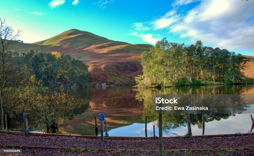 Pentland Hills panorama Panoramic view of a lake in Pentland Hills and a hill behind  in autumn colours Aerial View Stock Photo