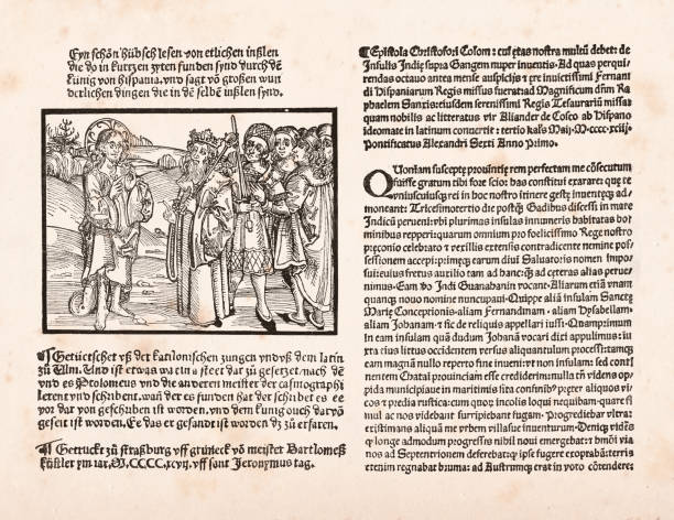 ilustrações, clipart, desenhos animados e ícones de panfleto espalhando o aviso da descoberta da américa 1497 - woodcut letterpress engraving pattern