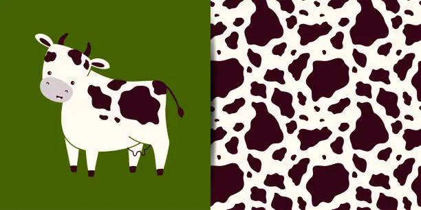Vector illustration of Vector collection - print with cute cow character plus seamless pattern with animal skins