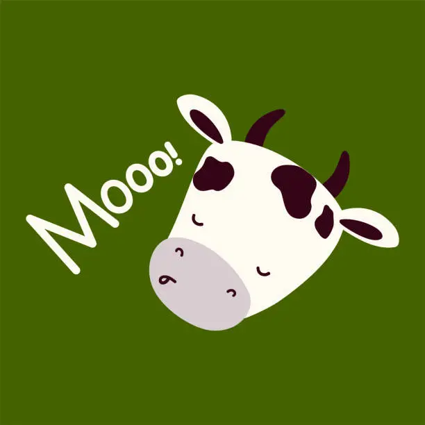 Vector illustration of Cute muzzle cow says moo. Vector illustration. Animal isolated on green background