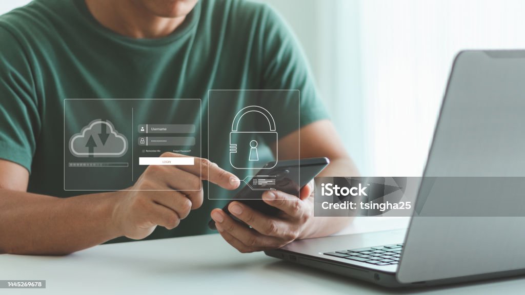 Cyber security concept, padlock icon and internet technology network, secure encryption of user's personal data, secure internet access. Business Stock Photo