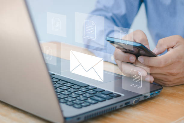 istock Email marketing and newsletter concept, data center and internet advertising. Sending documents digitally using email. Customer support. 1445269700