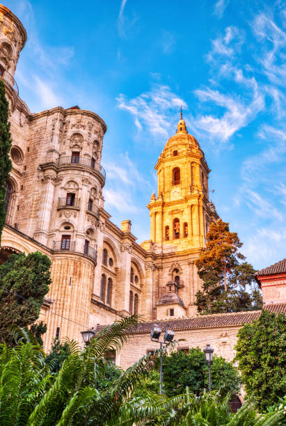 푸른 하늘, 말라가, 안달루시아와 함께 일출에 델 오비스포 광장에서 말라가 대성당 - andalusia architecture travel destinations blue 뉴스 사진 이미지