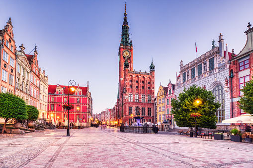 City Hall of Gdansk and the Old Square at Dusk, Poland, Europe