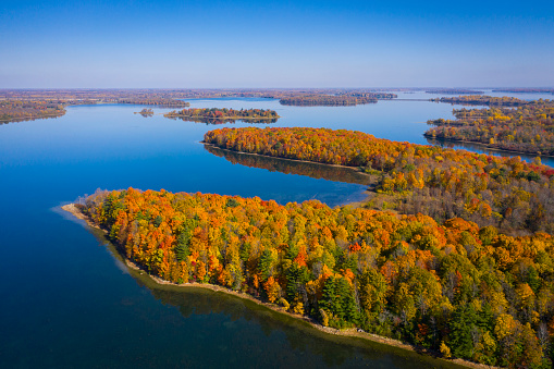 Autumn, aerial view of St. Lawrence Park in the thousand islands in Canada
