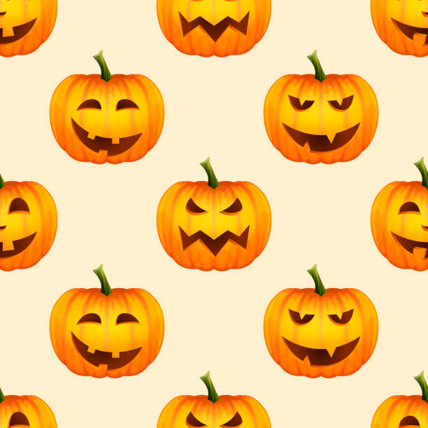 ilustraciones, imágenes clip art, dibujos animados e iconos de stock de vector halloween seamless pattern with funny pumpkins. lindos jack-o-lanterns, caras de calabaza talladas fondos, fondos de pantalla para invitaciones, tarjetas, telas, embalaje, envoltorio, banners, textiles - halloween pumpkin jack olantern industry