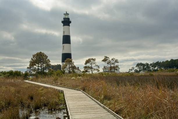 istock Wooden boardwalk approach over marshlands  Bodie Island lighthouse and keeper’s quarters 1445278280